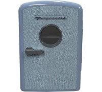 Mini Personal Fridge Cooler, 1 Gal Capacity fits 9 Cans, Includes Plugs for Home Outlet & DC Charger - 9.84" D x 7.09" W x 10.35" H, Light Washed Denim Fabric Door