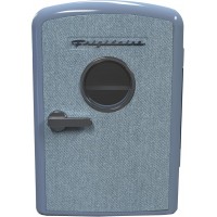 Mini Personal Fridge Cooler, 1 Gal Capacity fits 9 Cans, Includes Plugs for Home Outlet & DC Charger - 9.84" D x 7.09" W x 10.35" H, Light Washed Denim Fabric Door