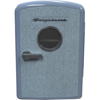Mini Personal Fridge Cooler, 1 Gal Capacity fits 9 Cans, Includes Plugs for Home Outlet & DC Charger - 9.84" D x 7.09" W x 10.35" H, Light Washed Denim Fabric Door