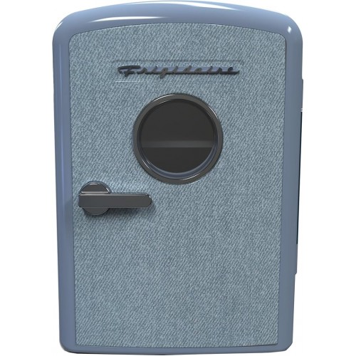 Mini Personal Fridge Cooler, 1 Gal Capacity fits 9 Cans, Includes Plugs for Home Outlet & DC Charger - 9.84" D x 7.09" W x 10.35" H, Light Washed Denim Fabric Door