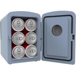 Mini Personal Fridge Cooler, 1 Gal Capacity fits 9 Cans, Includes Plugs for Home Outlet & DC Charger - 9.84" D x 7.09" W x 10.35" H, Light Washed Denim Fabric Door