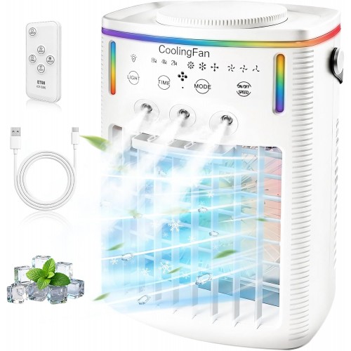 2026 New 1500ML Small Portable Air Conditioner Fan, Cooling Fan for Bedroom with 3 Modes & 3 Speeds, for Office, Camping, Coffee Table & Travel, with 7-Color LED Light & Remote Control(1PCS)